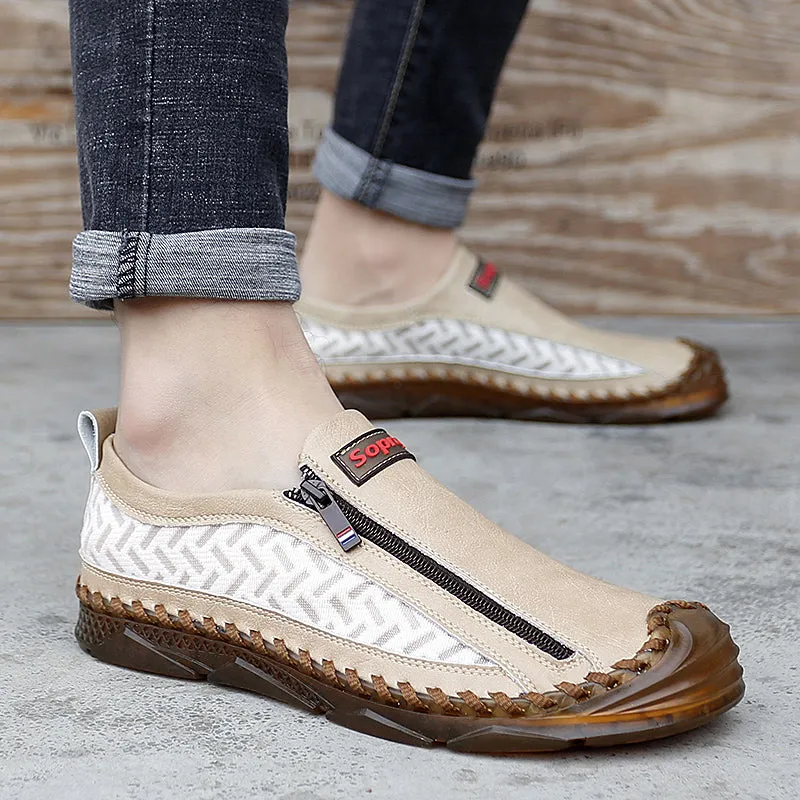 Men's Casual Moccasins Loafers Breathable Zipper Leather Shoes | 90888