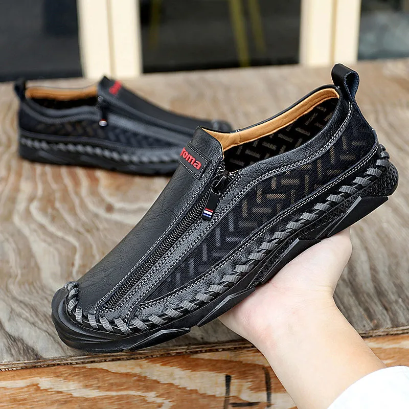 Men's Casual Moccasins Loafers Breathable Zipper Leather Shoes | 90888