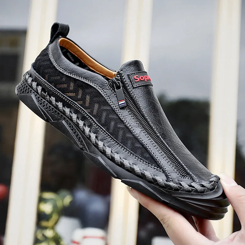 Men's Casual Moccasins Loafers Breathable Zipper Leather Shoes | 90888