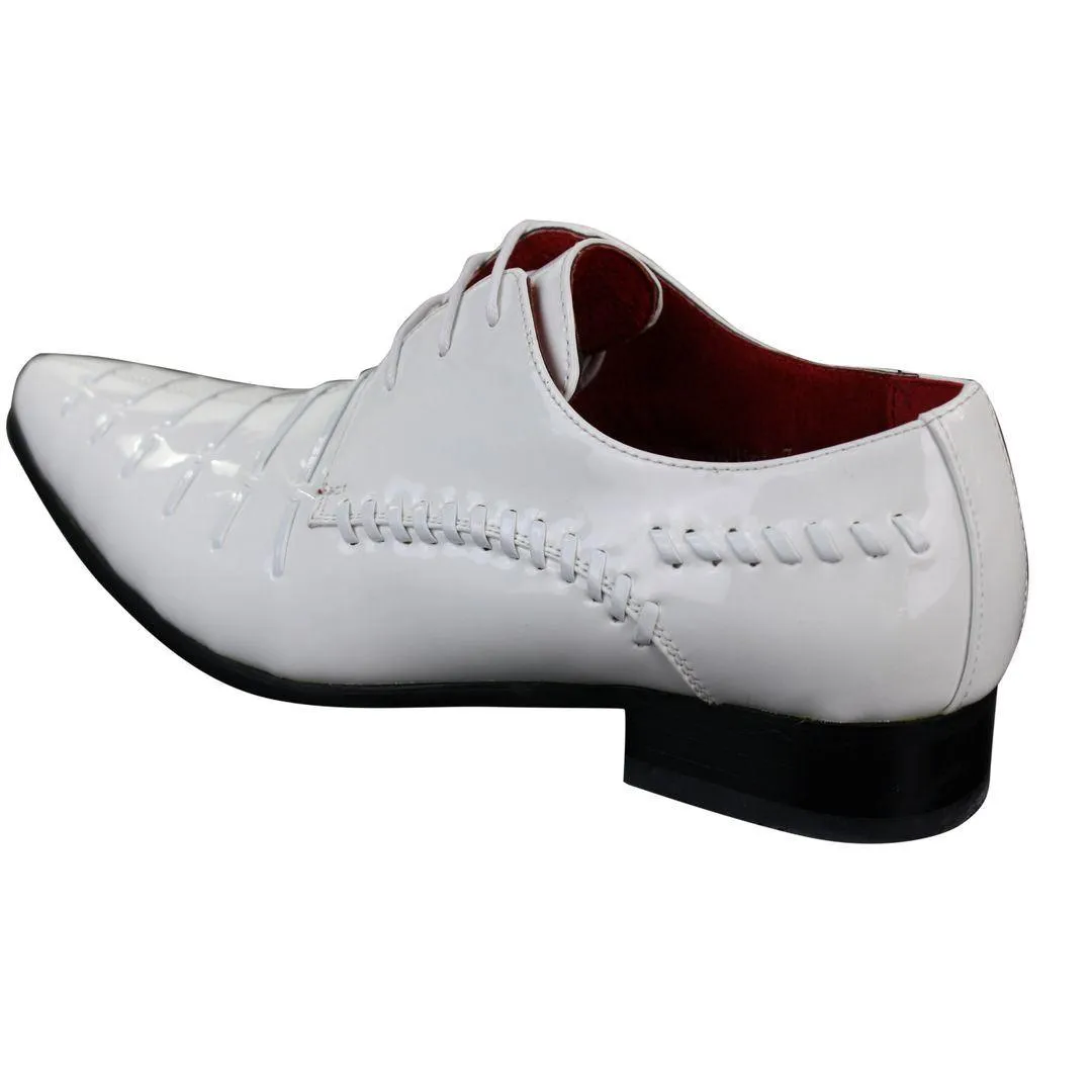 Mens Italian Design White Laced Leather Shiny Patent Shoes Smart Casual