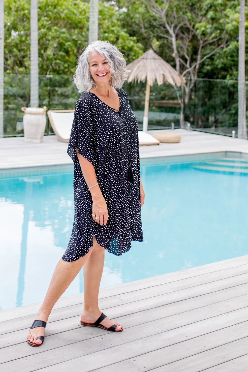 Messy Polka Short Kaftan Dress - Black