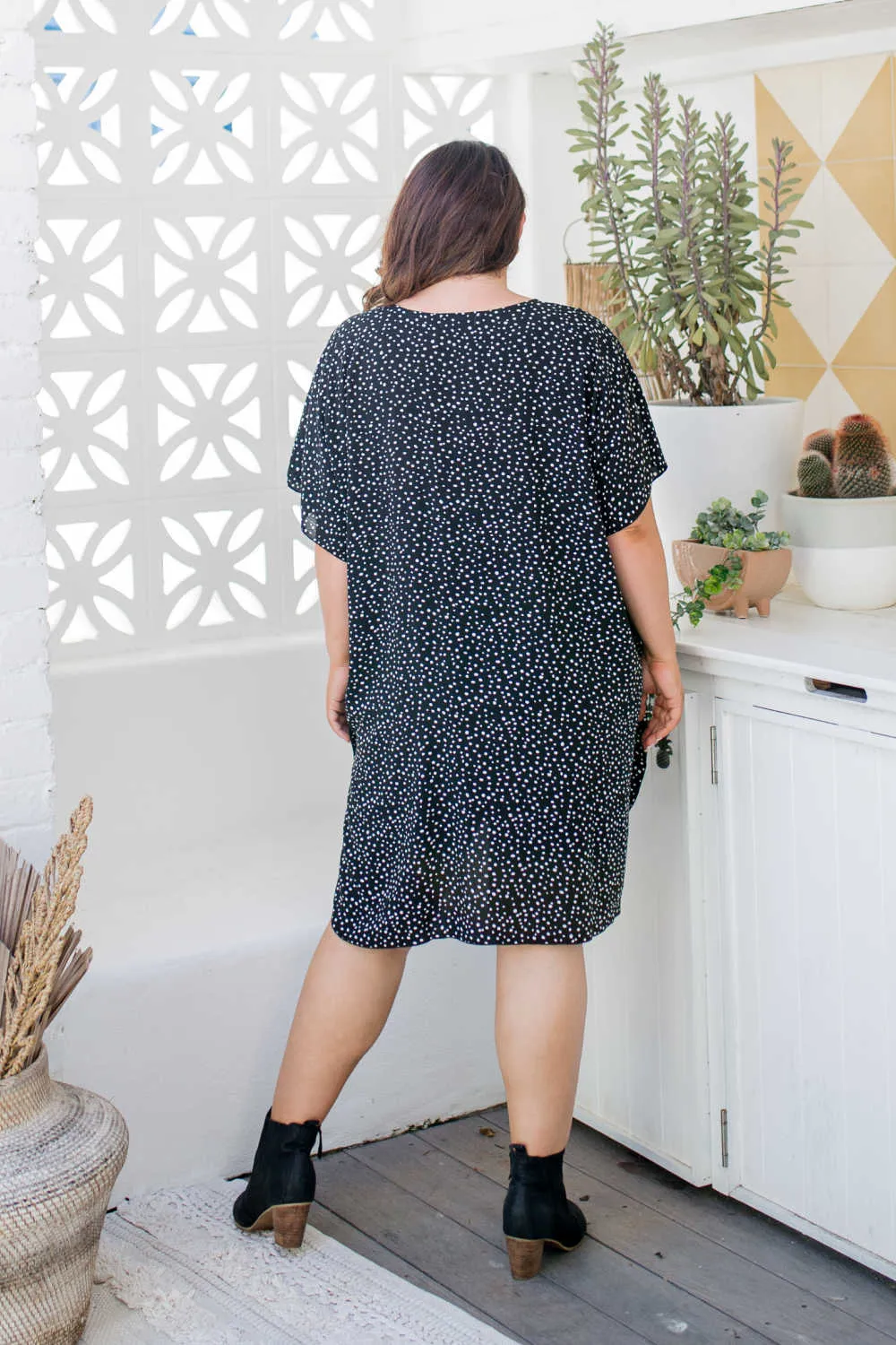 Messy Polka Short Kaftan Dress - Black