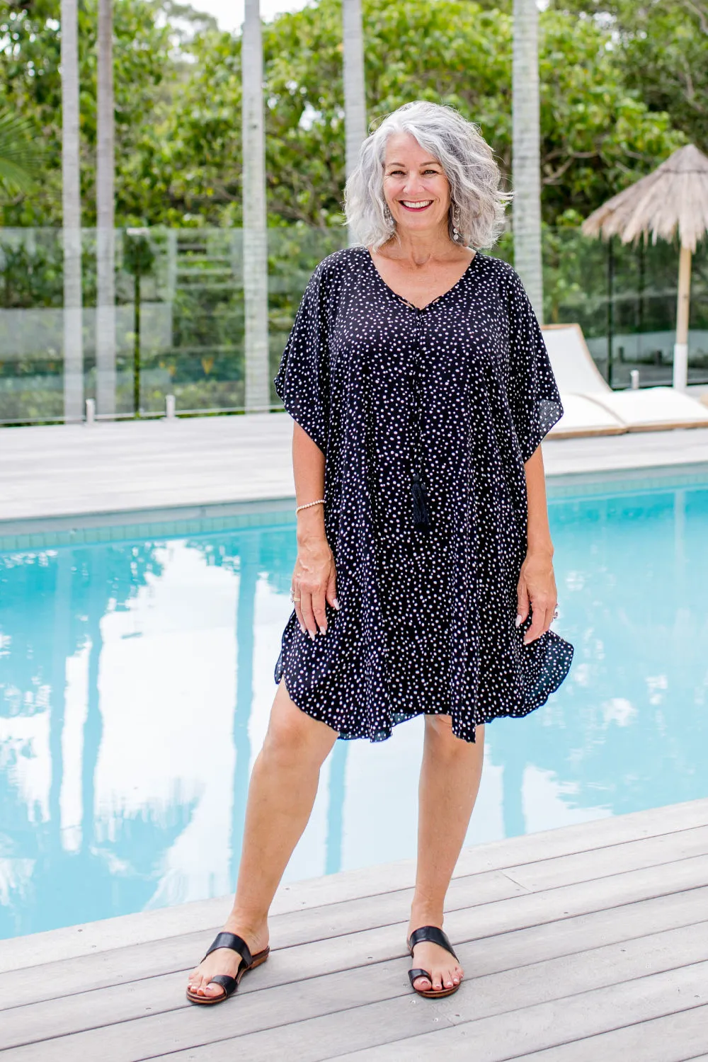 Messy Polka Short Kaftan Dress - Black