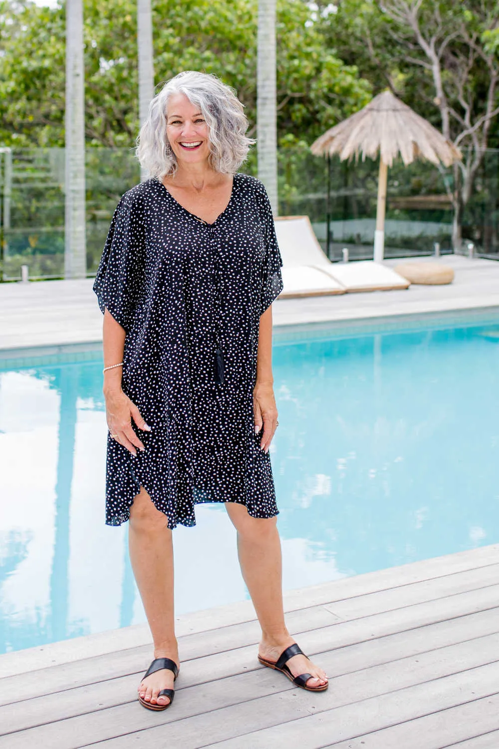 Messy Polka Short Kaftan Dress - Black