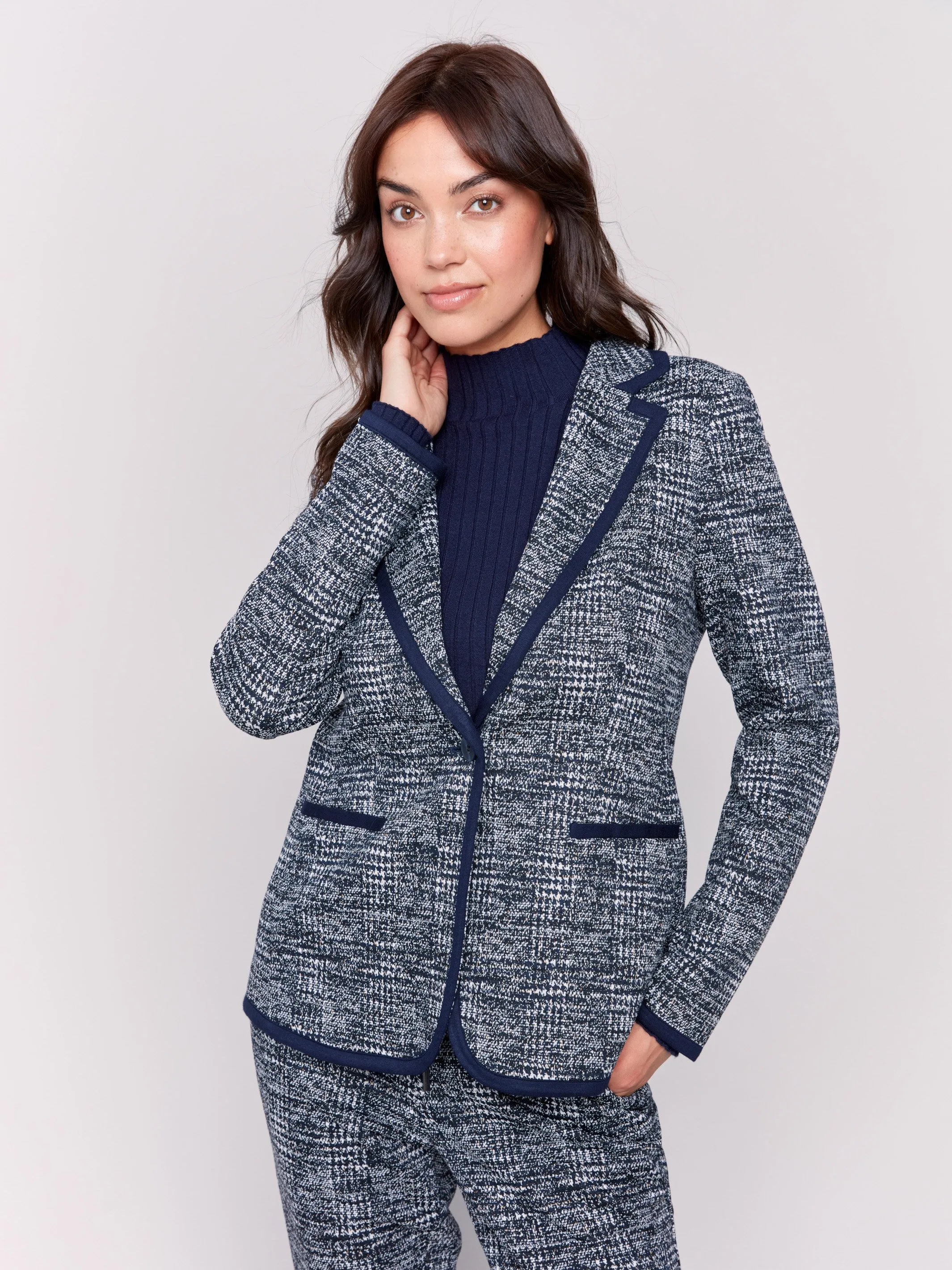 Plaid Knit Blazer with Hood - Navy