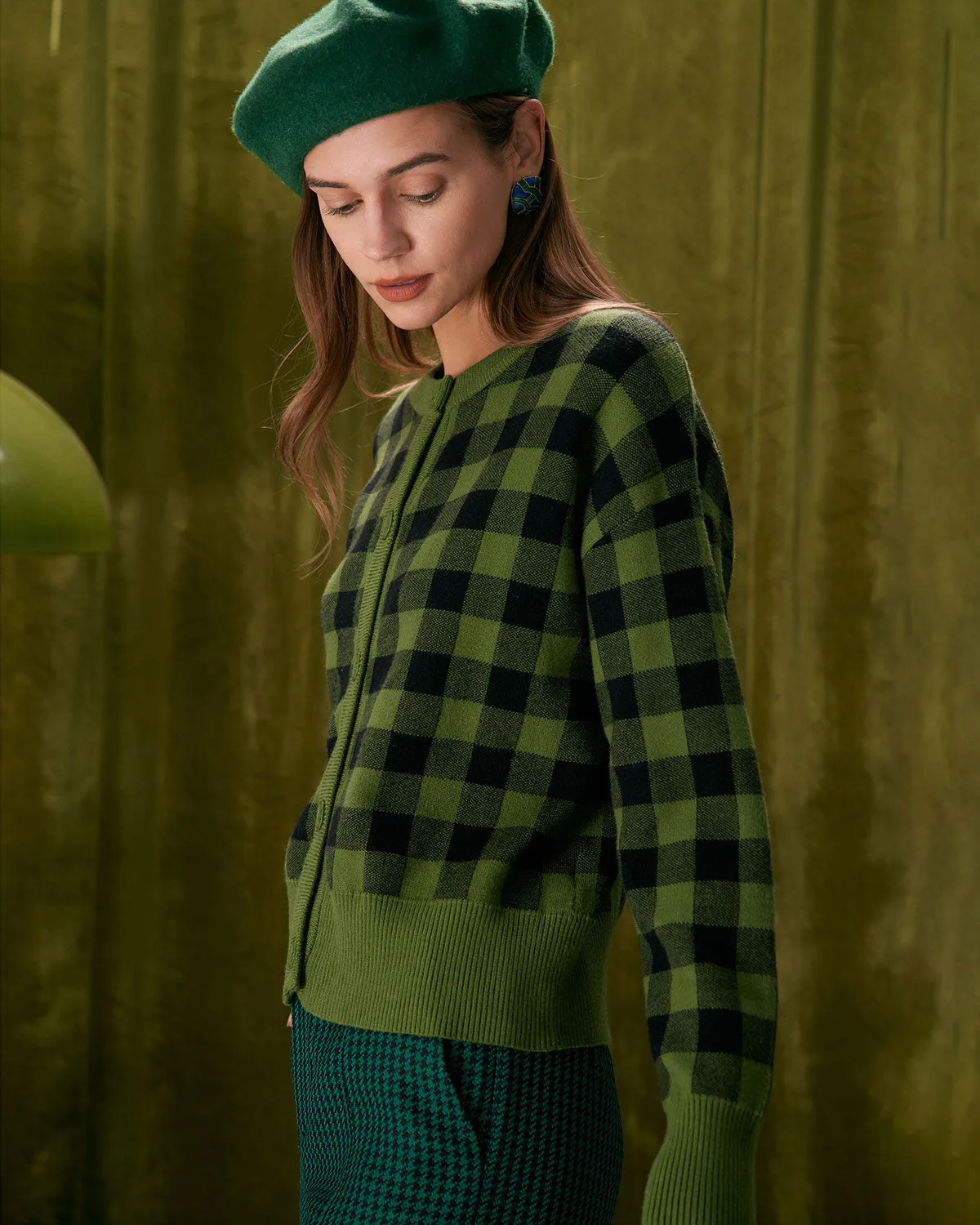 The Green Crew Neck Plaid Button Cardigan