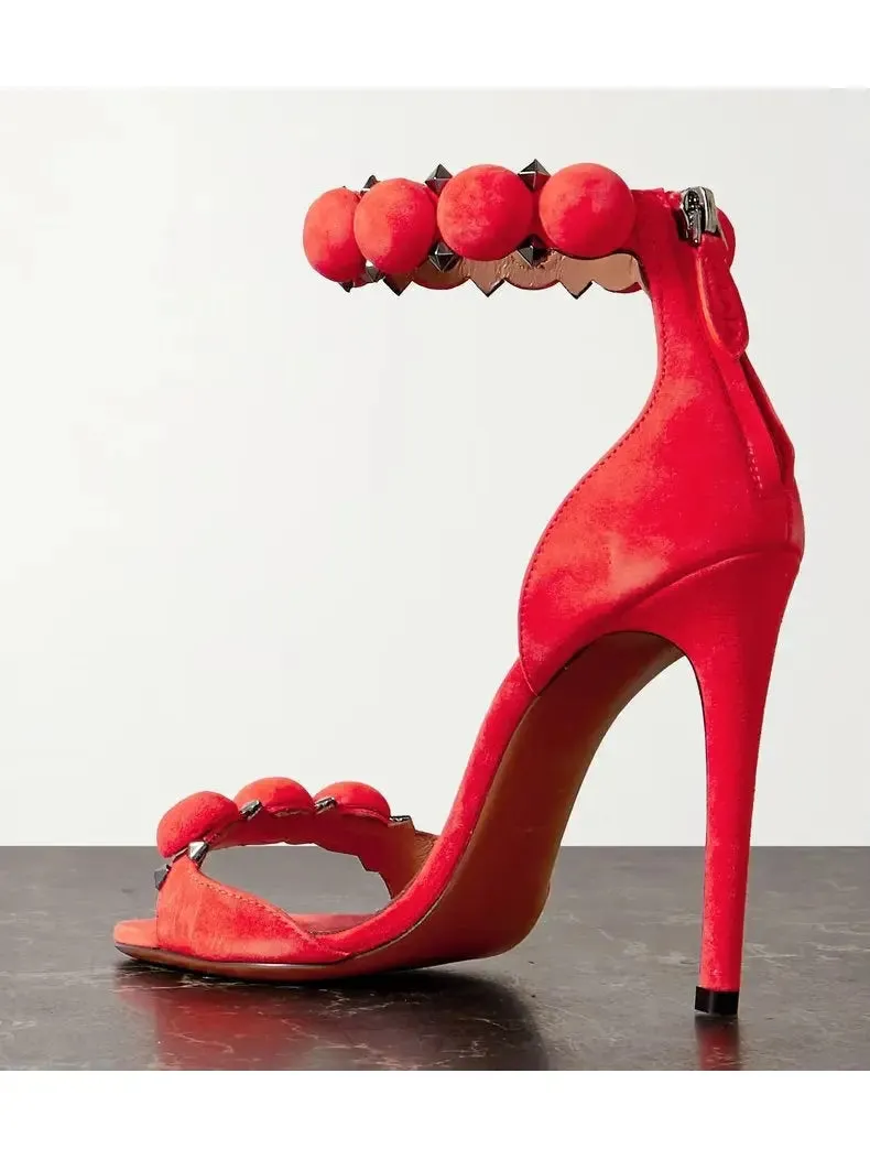 Women’s Bobble High-Heel Sandals in Red Suede